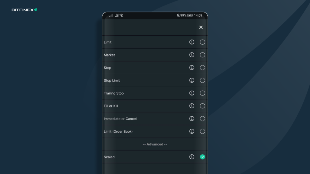 Bitfinex mobile app features various order types to choose from.