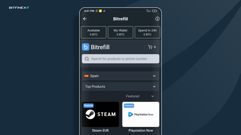 Buy gifts vouchers or mobile phone credits on Bitfinex mobile app with Bitrefill integration.