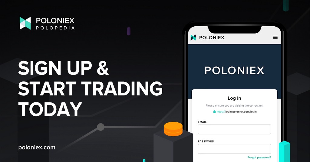 “Sign up and start trading” link to sign up on Poloniex trading platform.