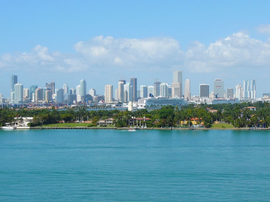 A view from the water of the Miami city skyline.