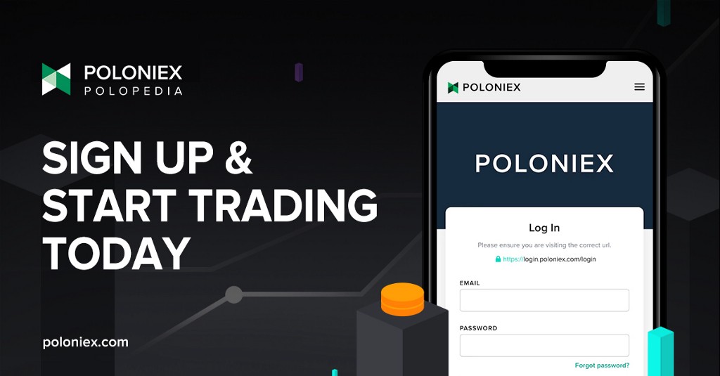 A phone with the Poloniex sign-up page pulled up, next to CTA text.